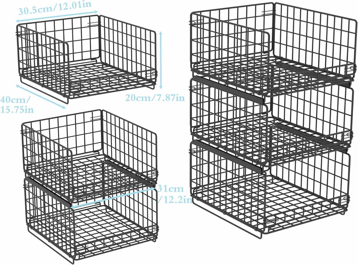 Kosze metalowe do szafy 3 szt. organizery 40x30x20 cm składane z przegródkami CZARNE