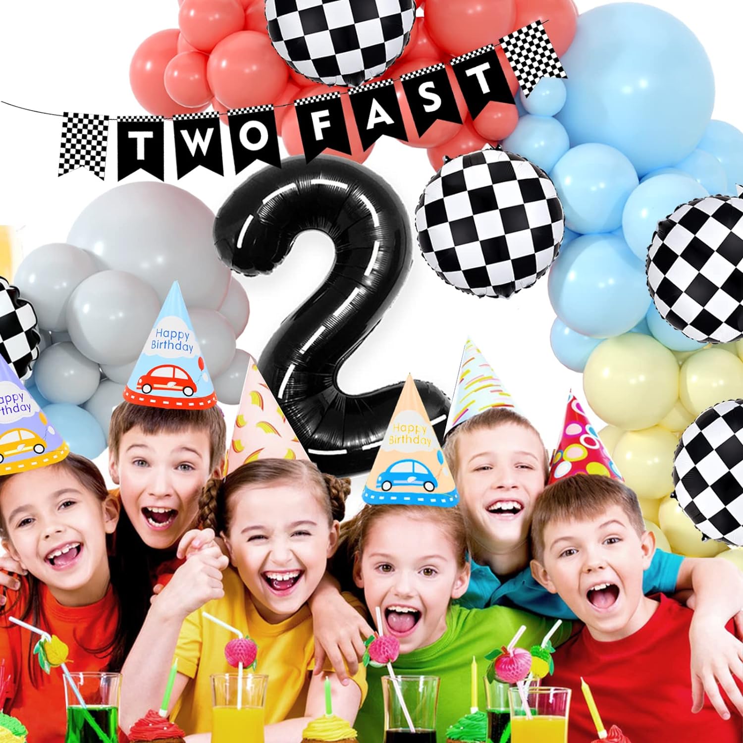 Zestaw Balonów Urodzinowych z Girlandą Pastel Koralowy Niebieski Żółty