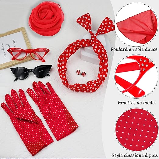 Zestaw Pin Up Retro 50s Czerwony – Opaska Okulary Rękawiczki Szalik Kolczyki Drugie zdjęcie produktu