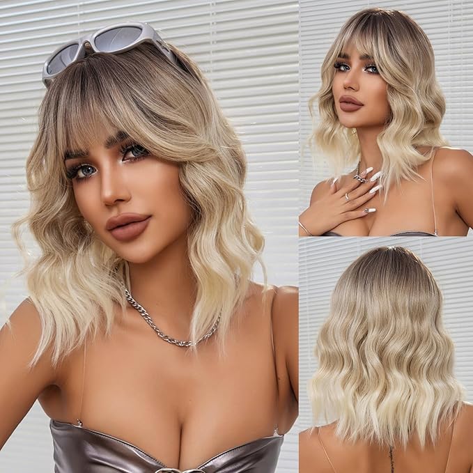Peruka Krótka Falowana Krótki BOB do Ramion Ombre Blond 38 cm z Grzywką