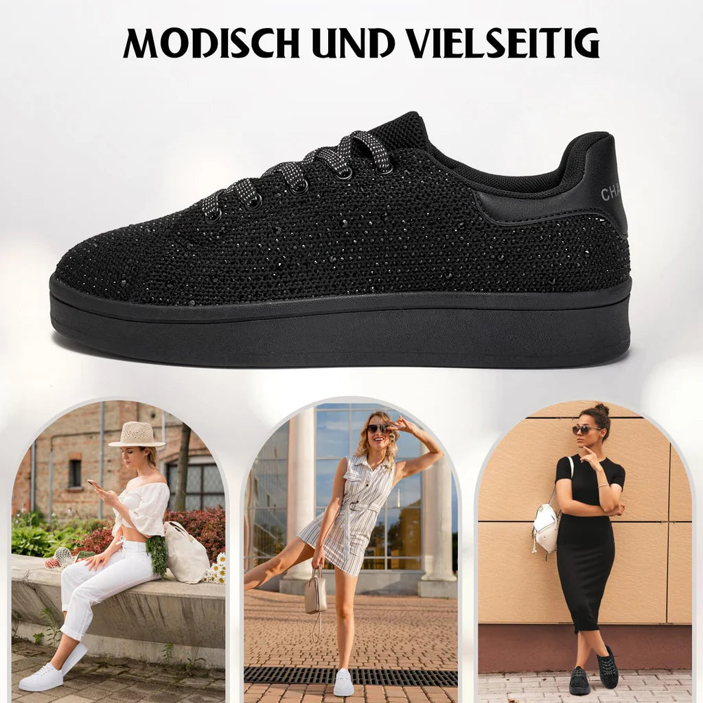 Damskie Sneakersy Lekkie Sportowe ELEGANCKIE Czarne z Cyrkoniami