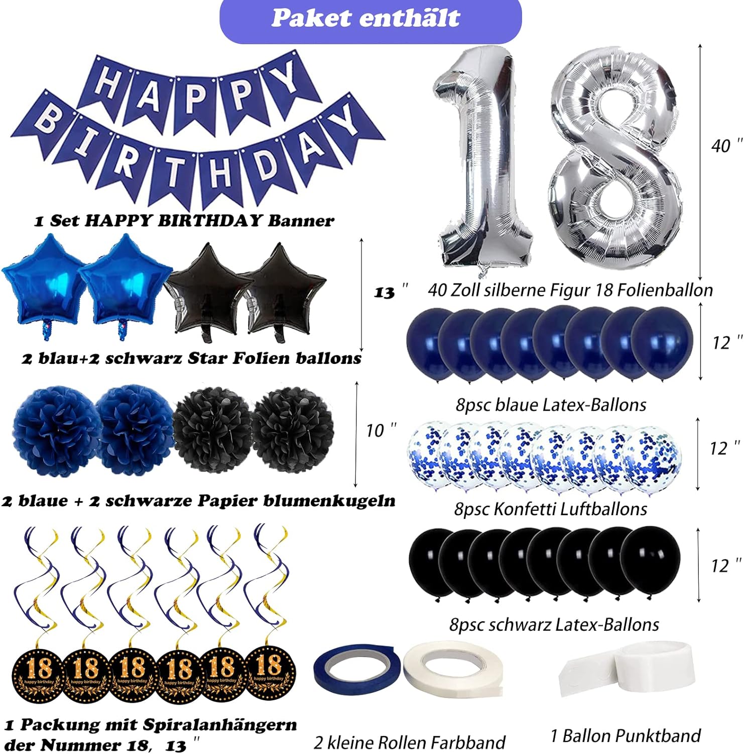 Balony Urodzinowe na Osiemnastkę 18 Urodziny Zestaw Balonów Girlanda Niebieskie Czarne Granat Drugie zdjęcie produktu