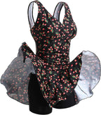 Shekini Kostium Sukienka Tunika Jednocześciowy Wyszczuplający Czarny Wzór w Wisnie