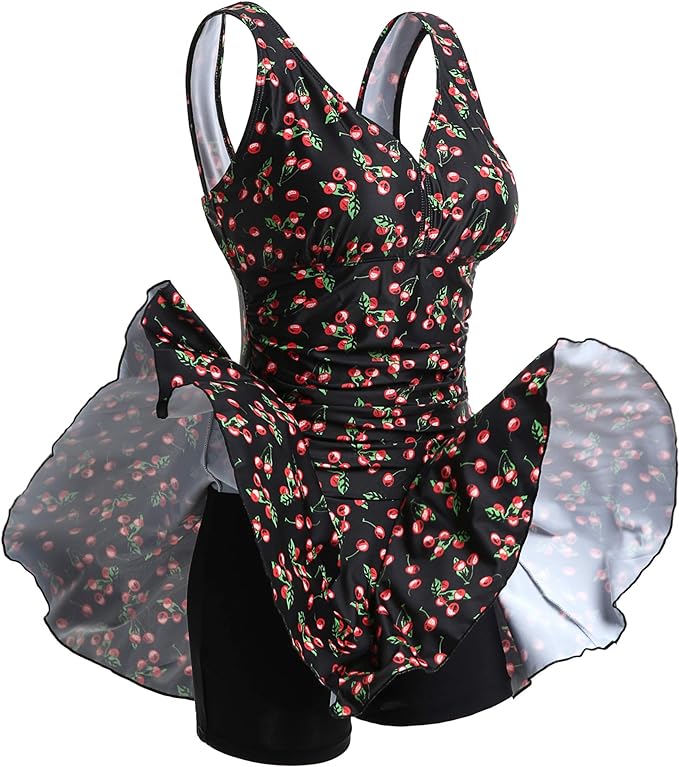 Shekini Kostium Sukienka Tunika Jednocześciowy Wyszczuplający Czarny Wzór w Wisnie