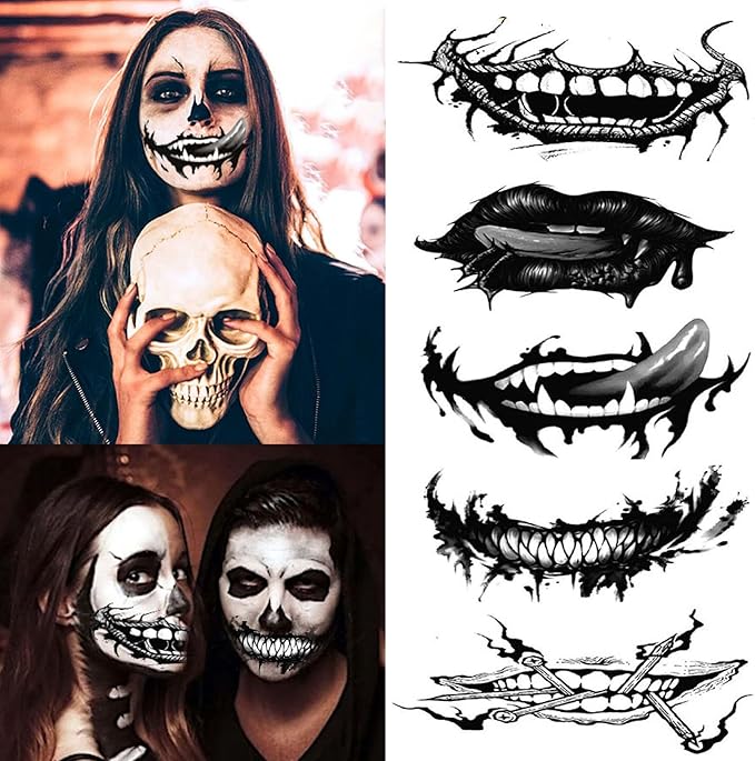 Tatuaże tymczasowe Halloween STRASZNE USTA szczęki horror duże 5 szt