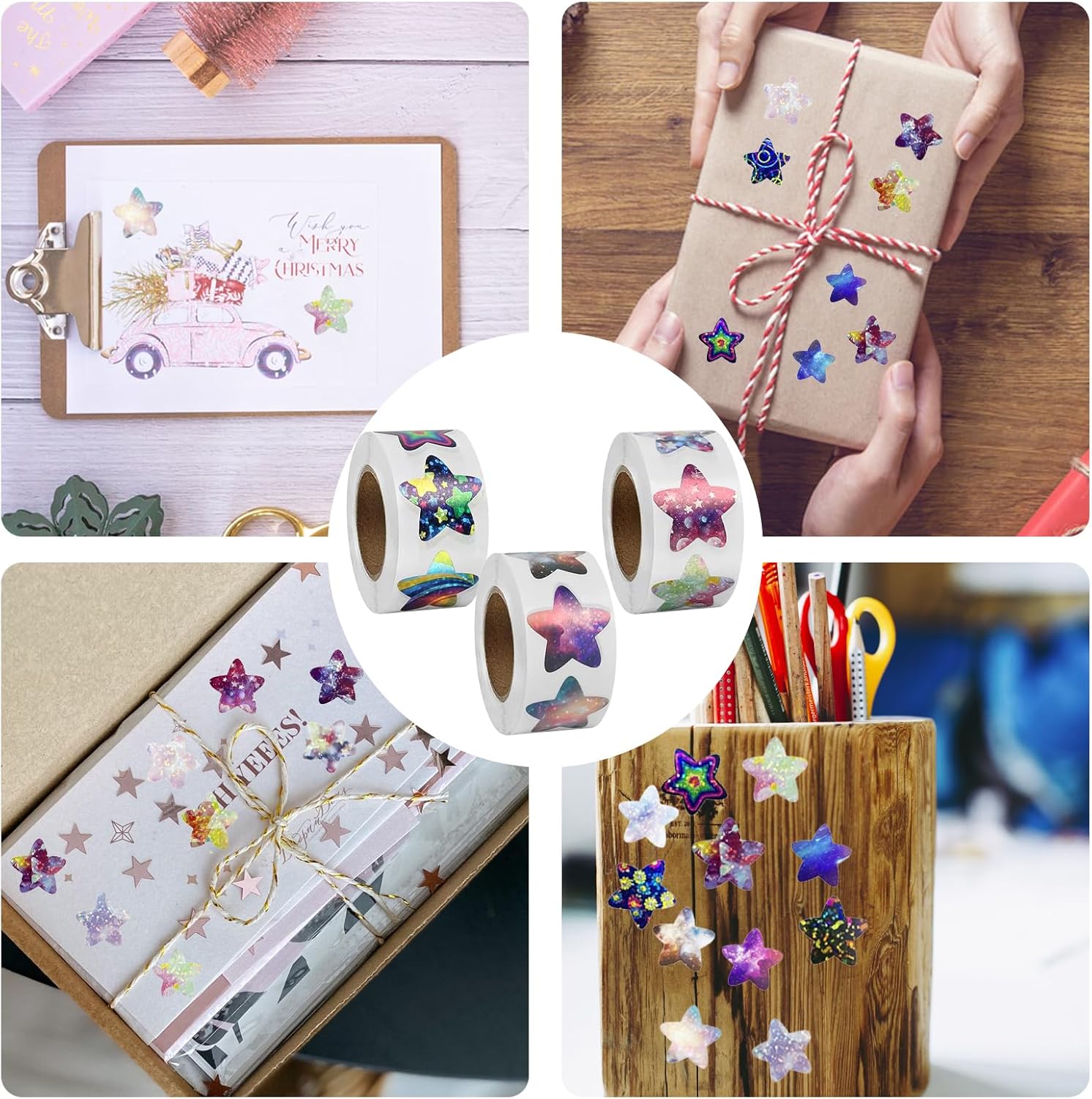 Naklejki gwiazdki holograficzne 800szt zestaw 3 rolki nagrody DIY dla dzieci