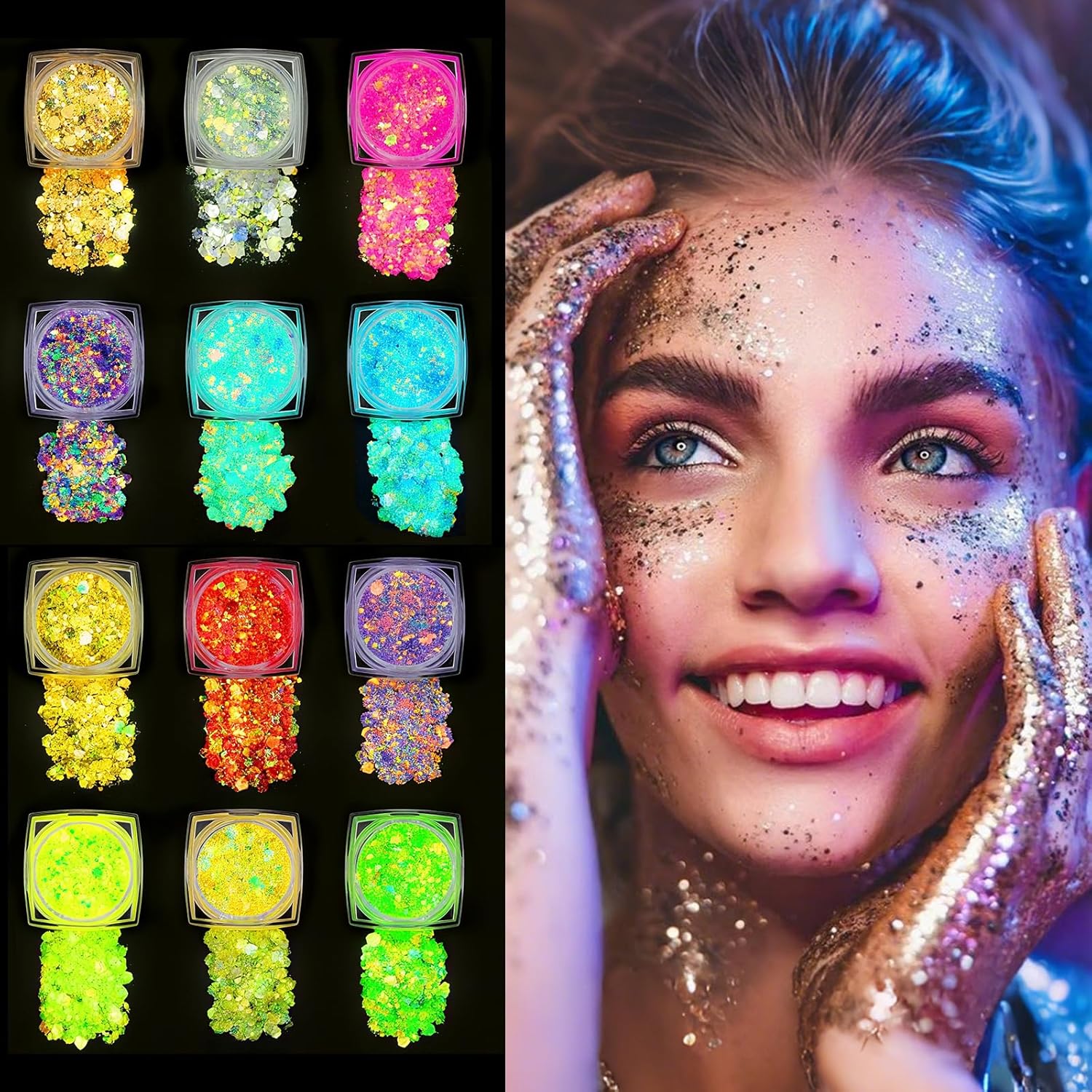 Brokat Żelowy świecący w ciemności do twarzy makijażu 12 kolorów UV LED Glow
