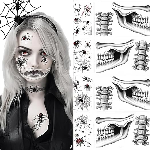 Tatuaże Wodne tymczasowe Straszne Halloween czaszka szczęka kręgosłup pająki Główne zdjęcie produktu