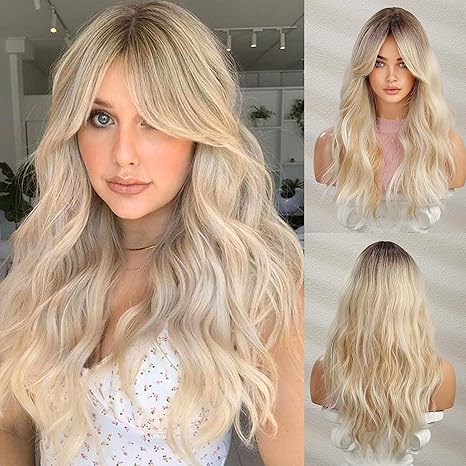 Peruka Długa Falowana Ombre Blond 60 cm Naturalny Efekt Kręcone Włosy