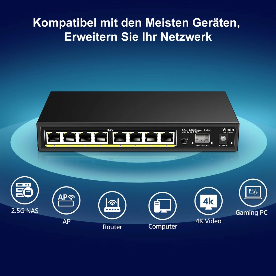 VIMIN 9-portowy switch Ethernet 2,5 G niezarządzany z 10G-SFP 8 portów 2.5G