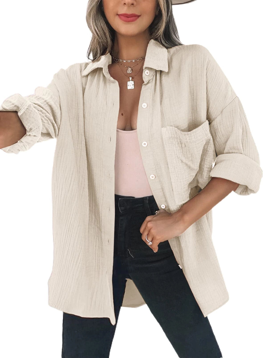 Koszula damska oversize beżowa z długim rękawem lniana styl casual DOKOTOO