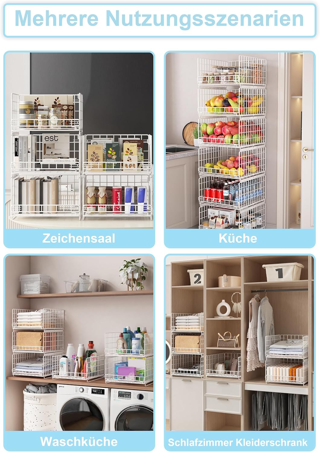 Kosze metalowe do SZAFY KUCHNI 6 szt. organizery 40x30x20 cm Metalowe Półki Szuflady BIAŁE