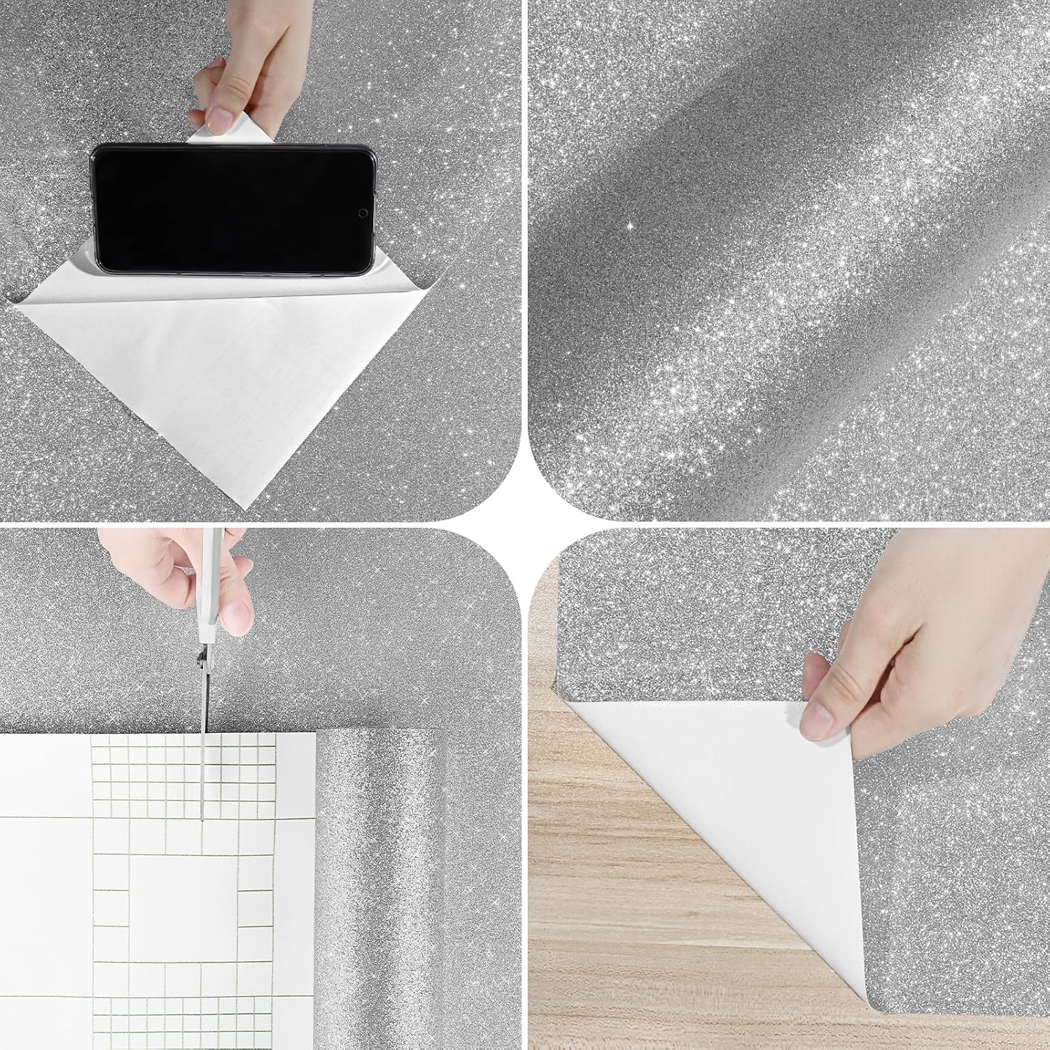 Samoprzylepna Okleina Meblowa Błyszcząca Brokatowa SREBRNA Tapeta 8m x 40cm