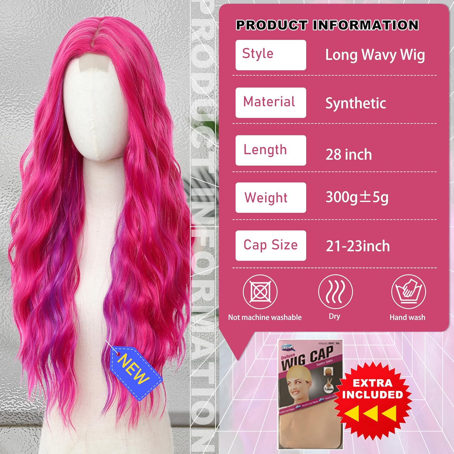 Peruka Neonowe Różowe Włosy Długie Kręcone Nataralnie Wyglądająca Cosplay