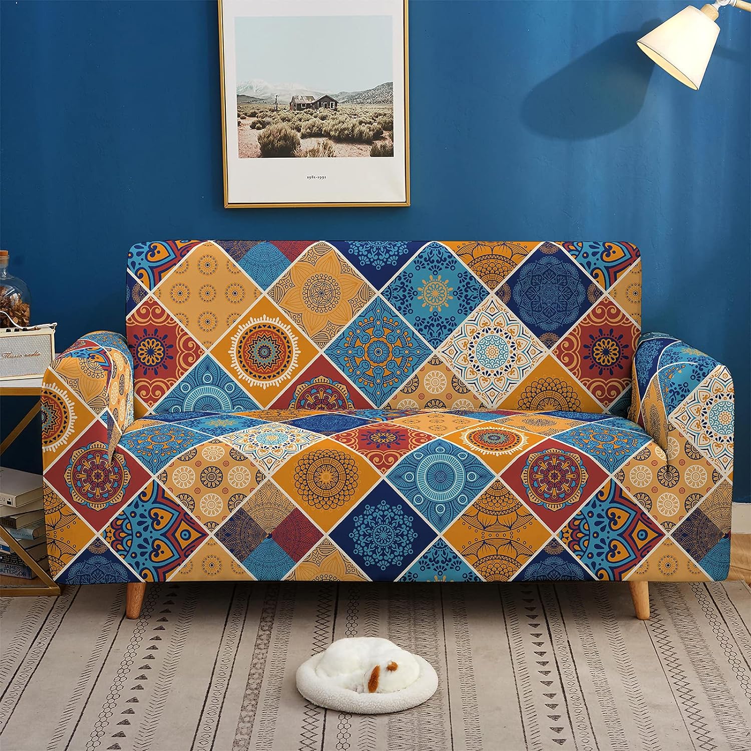 Pokrowiec na Sofę Kanapę Elastyczna Narzuta w stylu Indyjskim Retro - Wzór Geometryczny Kolorowy Drugie zdjęcie produktu