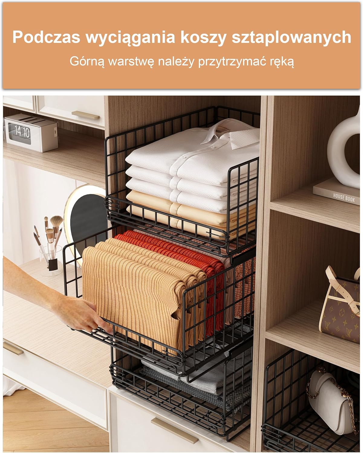 Kosze metalowe do szafy 3 szt. organizery 40x30x20 cm składane z przegródkami CZARNE