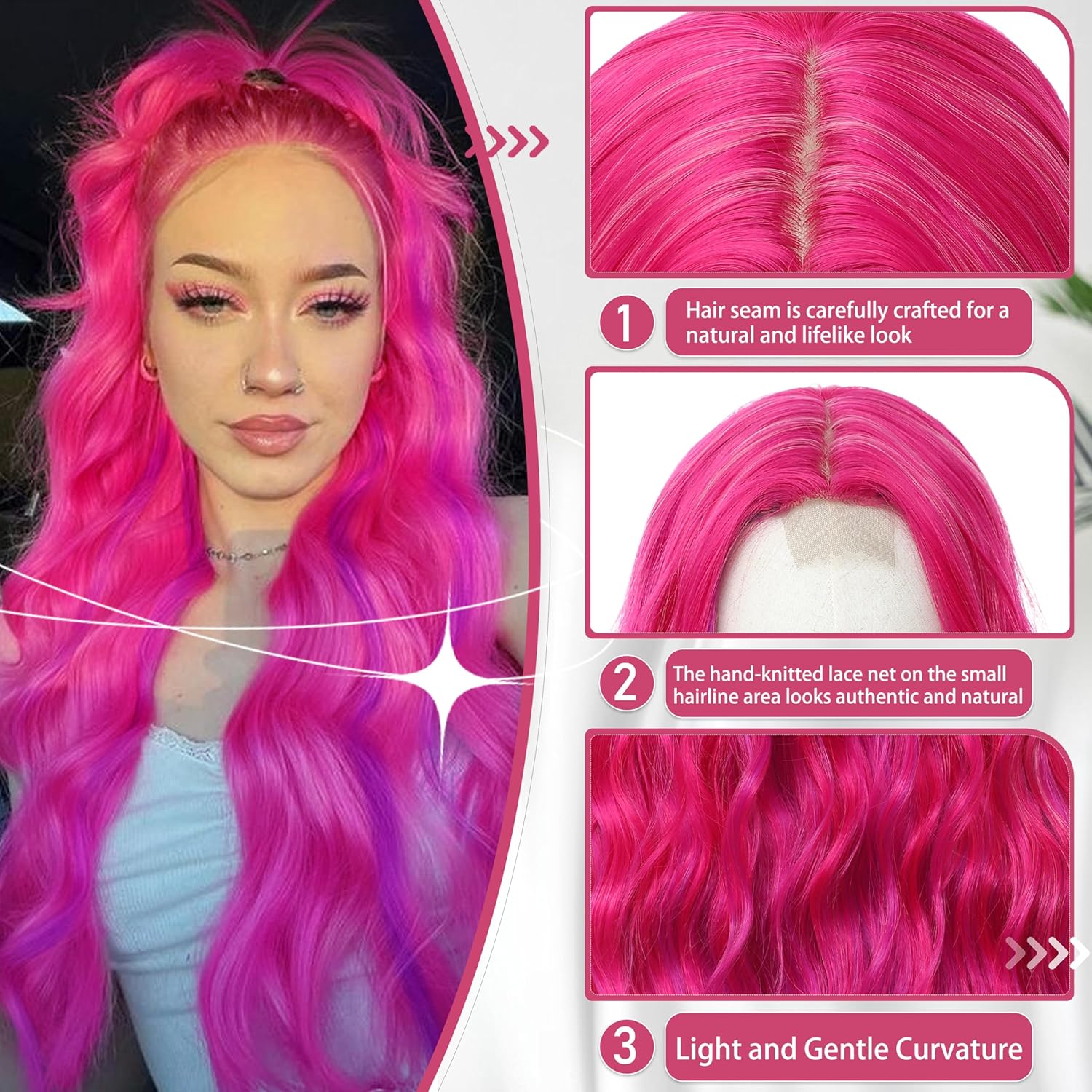 Peruka Neonowe Różowe Włosy Długie Kręcone Nataralnie Wyglądająca Cosplay