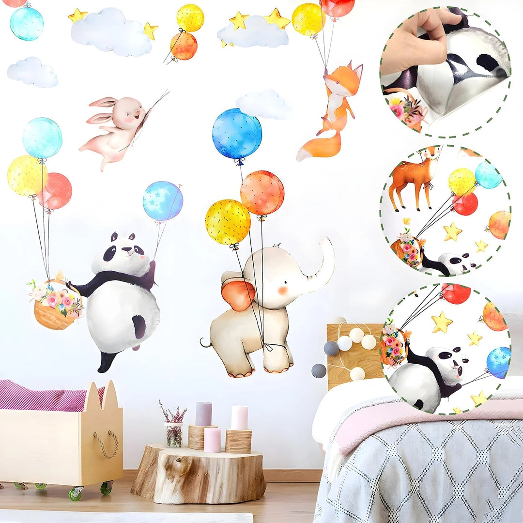 Naklejki na ścianę dla dzieci zwierzątka z balonami 80x39 cm do pokoju malucha