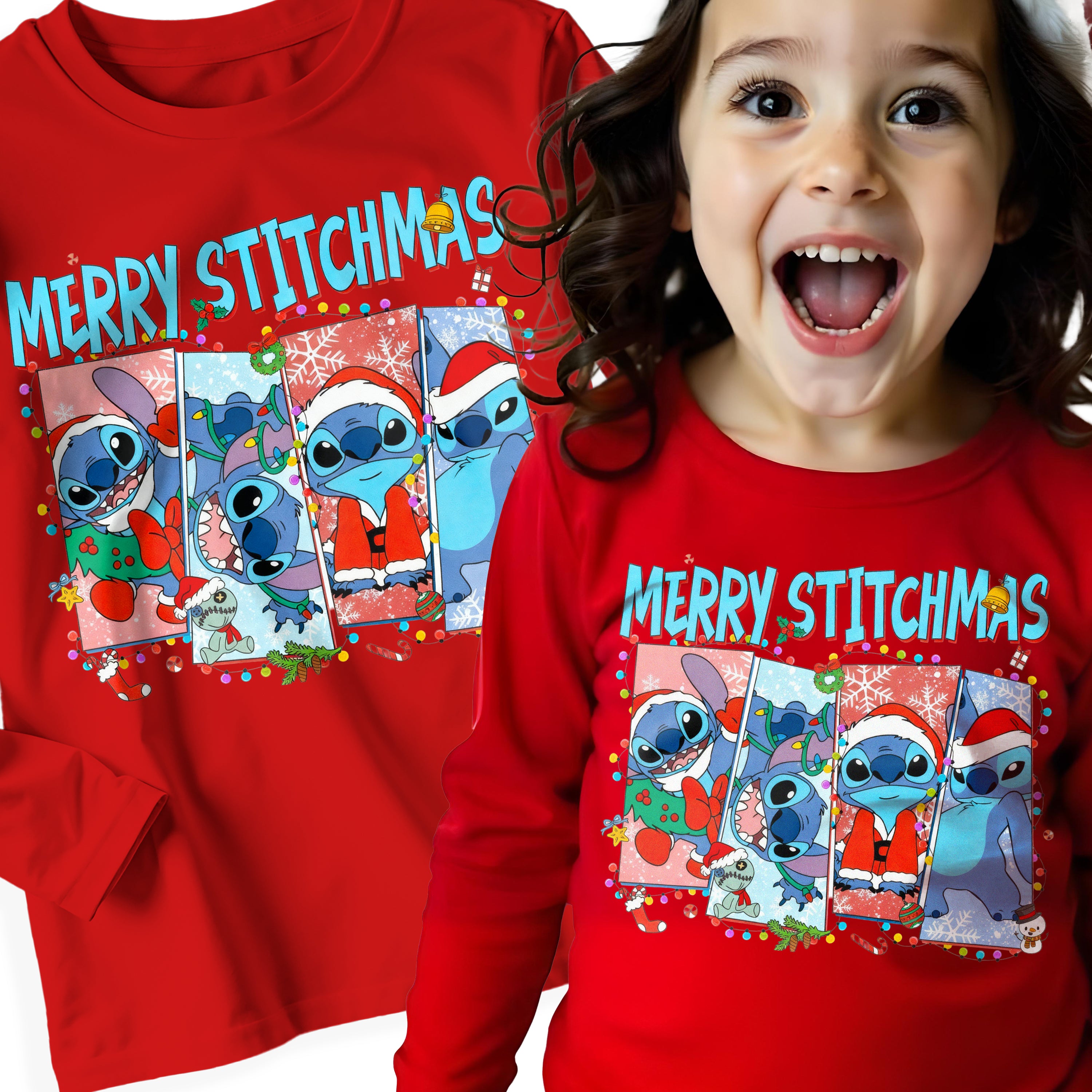 Koszulka Bluzka świąteczna z długim rękawem Stitch na święta Mikołajki Bawełniana Gruba E47 Główne zdjęcie produktu