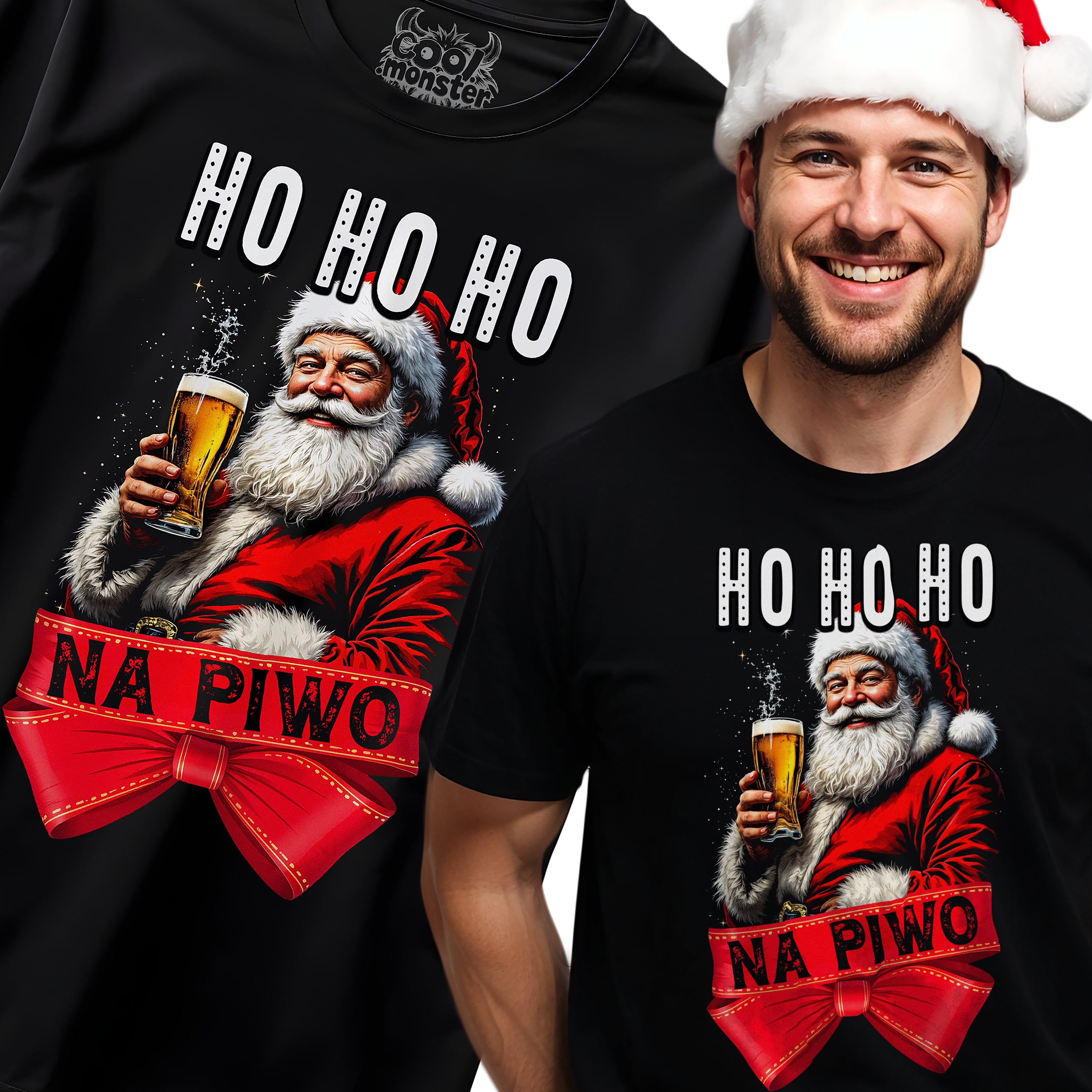 Świąteczna Śmieszna Koszulka Męska T-Shirt - Ho Ho Ho na Piwo - CHR21 Główne zdjęcie produktu