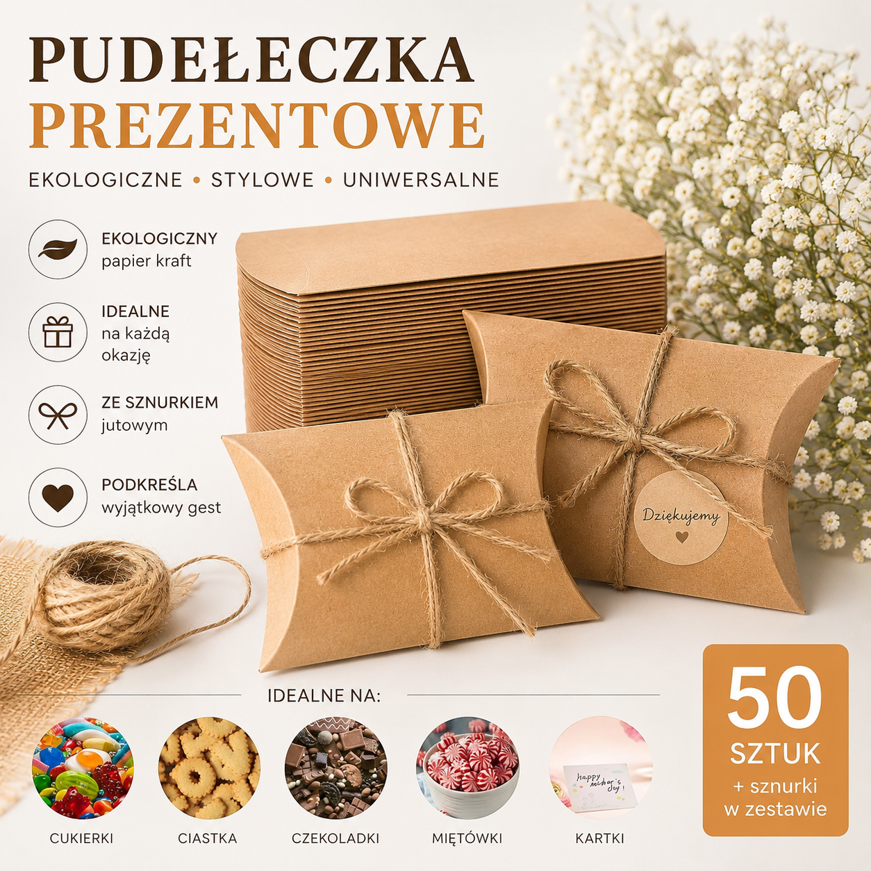 Ekologiczne pudełeczka mini pudełka prezentowe kraft 50 szt z naklejkami