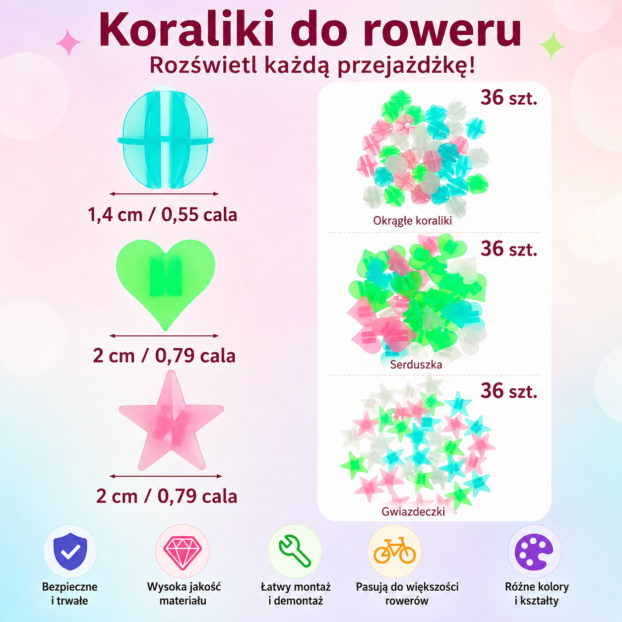 Kolorowe Odblaskowe Koraliki do roweru dla dzieci dorosłych Pastele 108 sztuk zestaw