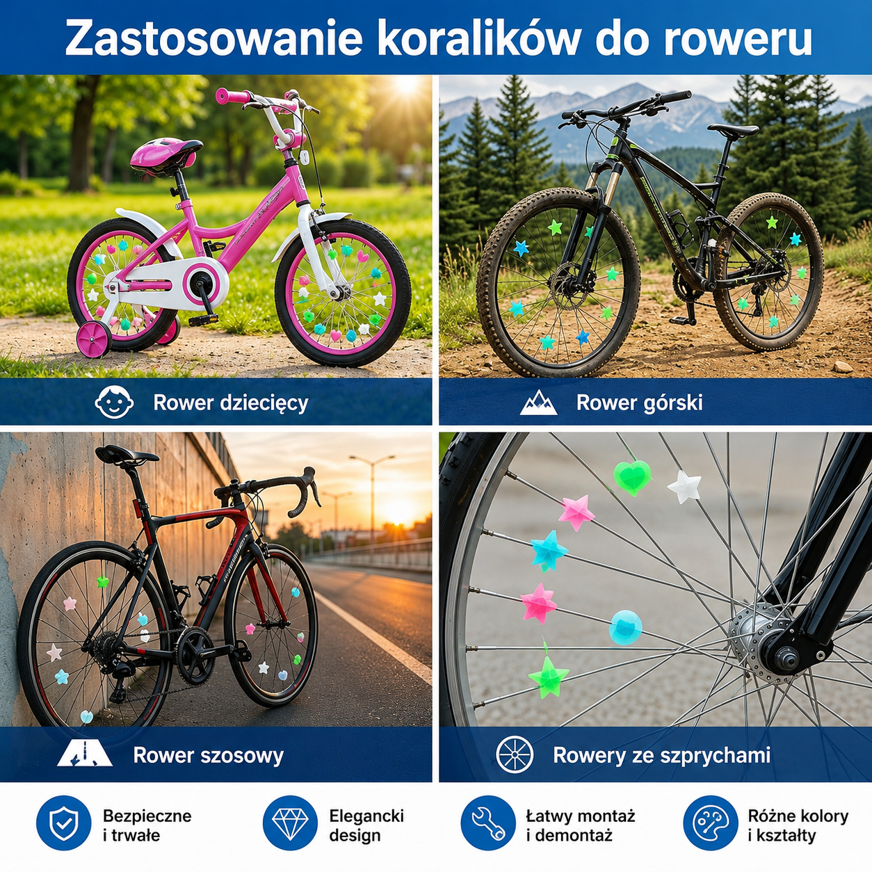 Kolorowe Odblaskowe Koraliki do roweru dla dzieci dorosłych Pastele 108 sztuk zestaw