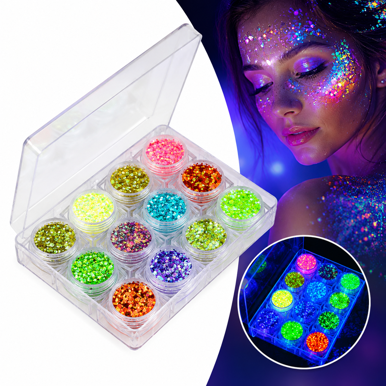 Brokat Żelowy świecący w ciemności do twarzy makijażu 12 kolorów UV LED Glow Główne zdjęcie produktu