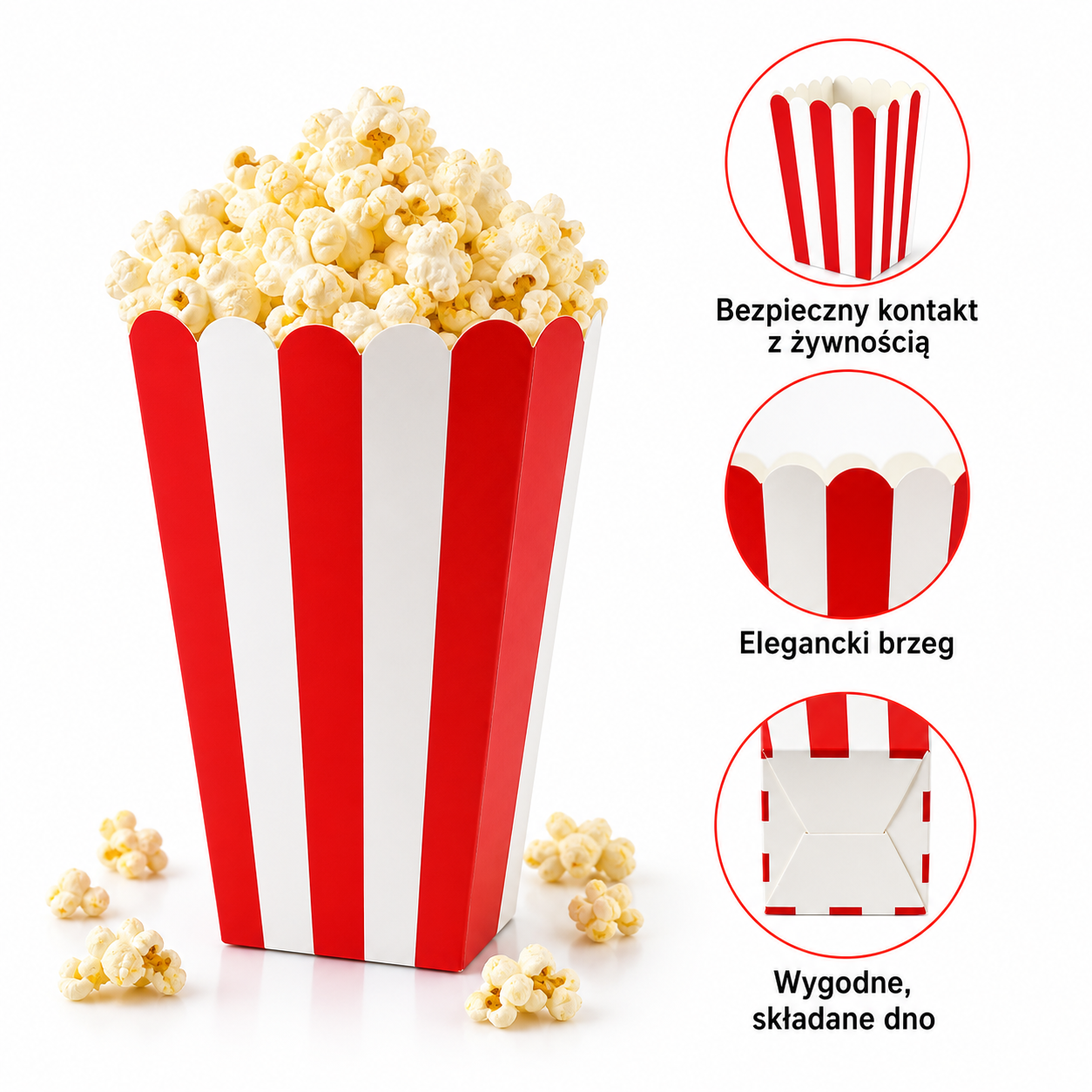Pudełka na Popcorn Amerykańskie Mini Opakowania 30 szt Czerwono-Białe Paski