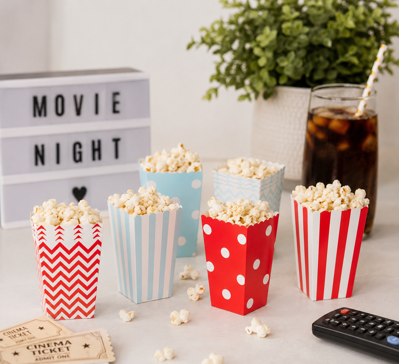Pudełka na Popcorn Amerykańskie Mini Opakowania 30 szt Czerwone Niebieski w paski