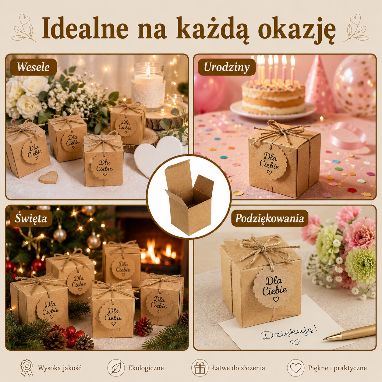 Upominkowe Pudełka Pudełeczka na Słodycze Upominki Cukierki Kraftowe 50szt 7cm
