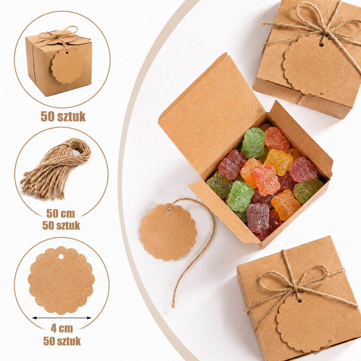 Upominkowe Pudełka Pudełeczka na Słodycze Upominki Cukierki Kraftowe 50szt 7cm