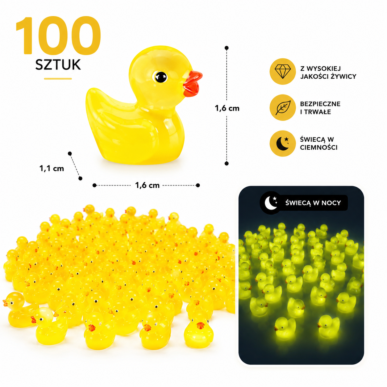 Zestaw Mini Kaczuszki Fluorescencyjne Świecące w nocy Dekoracyjne 100 szt. Żółte Figurki z żywicy Drugie zdjęcie produktu