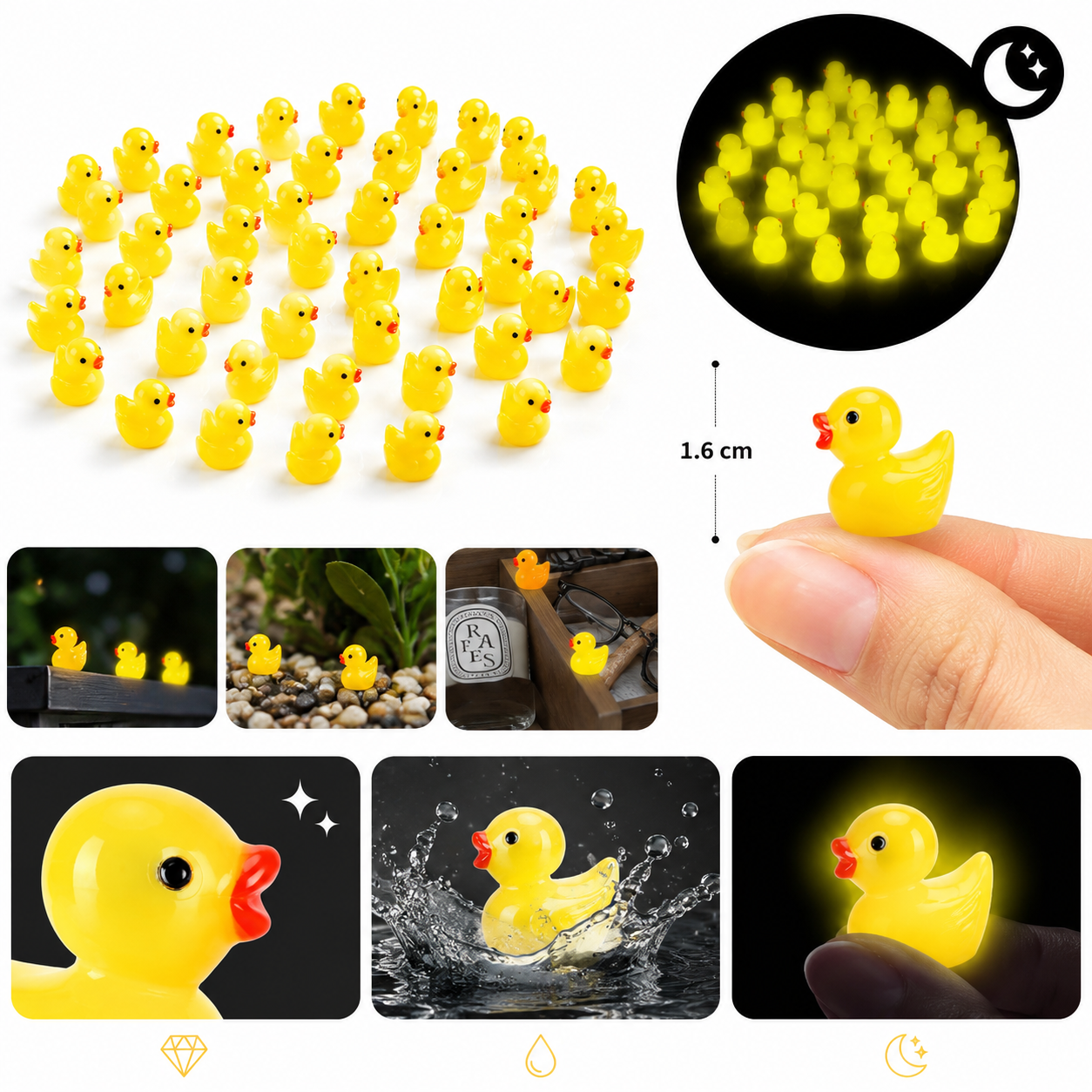 Zestaw Mini Kaczuszki Fluorescencyjne Świecące w nocy Dekoracyjne 100 szt. Żółte Figurki z żywicy