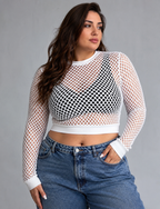 Top Letni Siatkowa Bluzka Lekki Seksowny Biały Crop Top Rozmiar Plus Size XXL