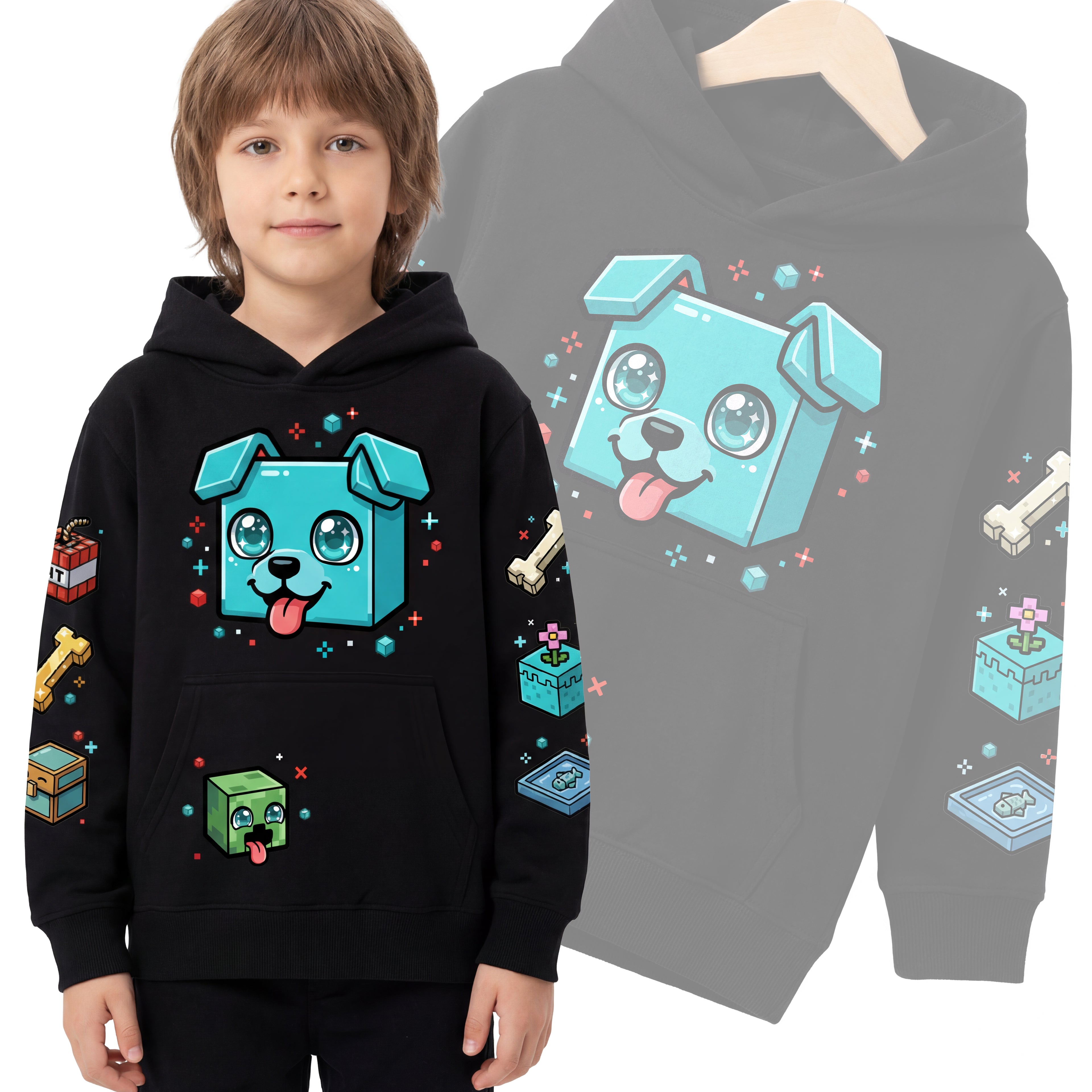 Bawełniana Bluza dziecięca Minecraft piesek czarna bluza z kapturem dla graczy z Pieskiem