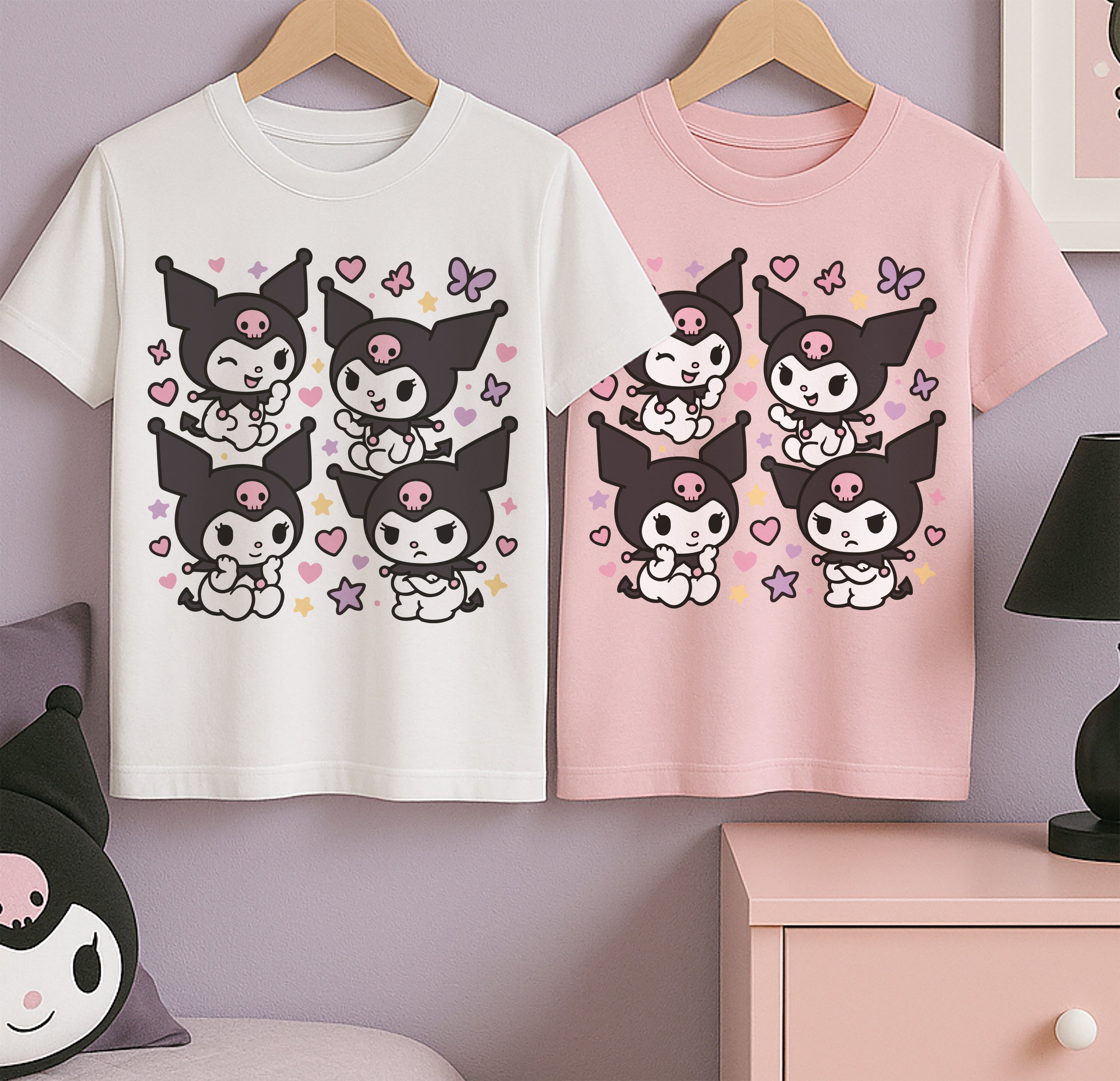 Kuromi Melody Hello Kitty T-Shirt Koszulka Dziecięca Słodki Motyw Biała lub Różowa E08