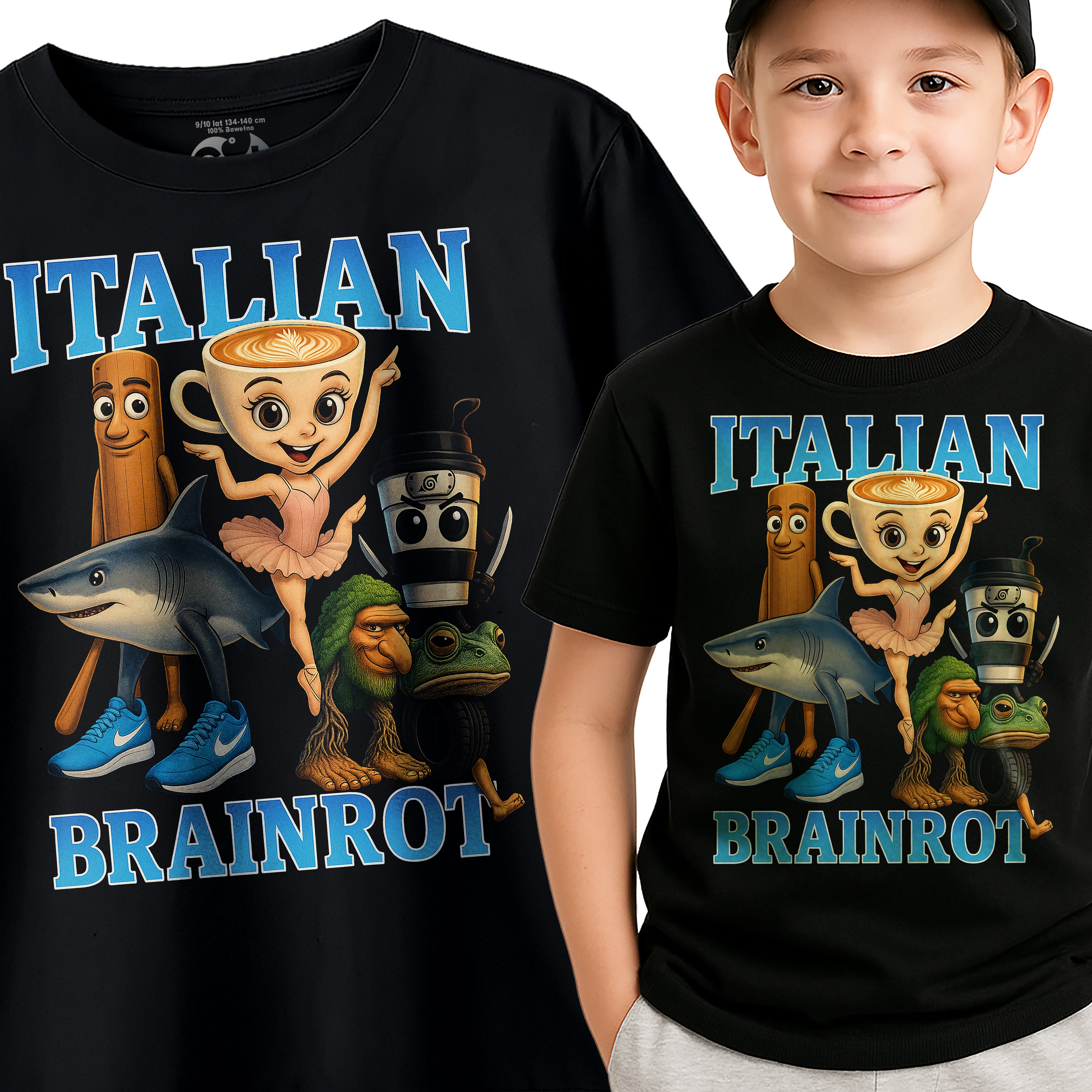 Italian Brainrot T-Shirt Koszulka Dziecięca śmieszny Motyw TikTok Czarna E09