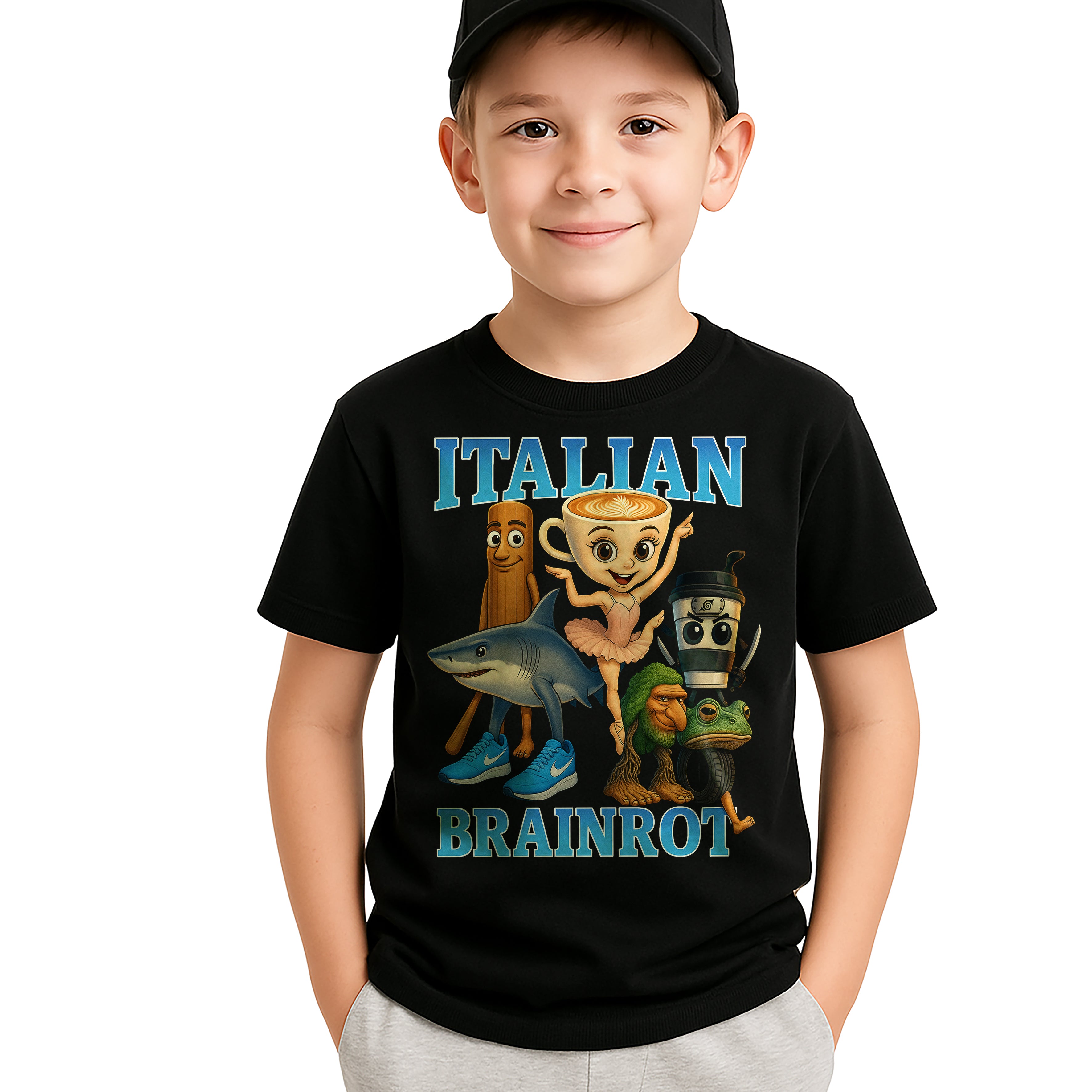 Italian Brainrot T-Shirt Koszulka Dziecięca śmieszny Motyw TikTok Czarna E09