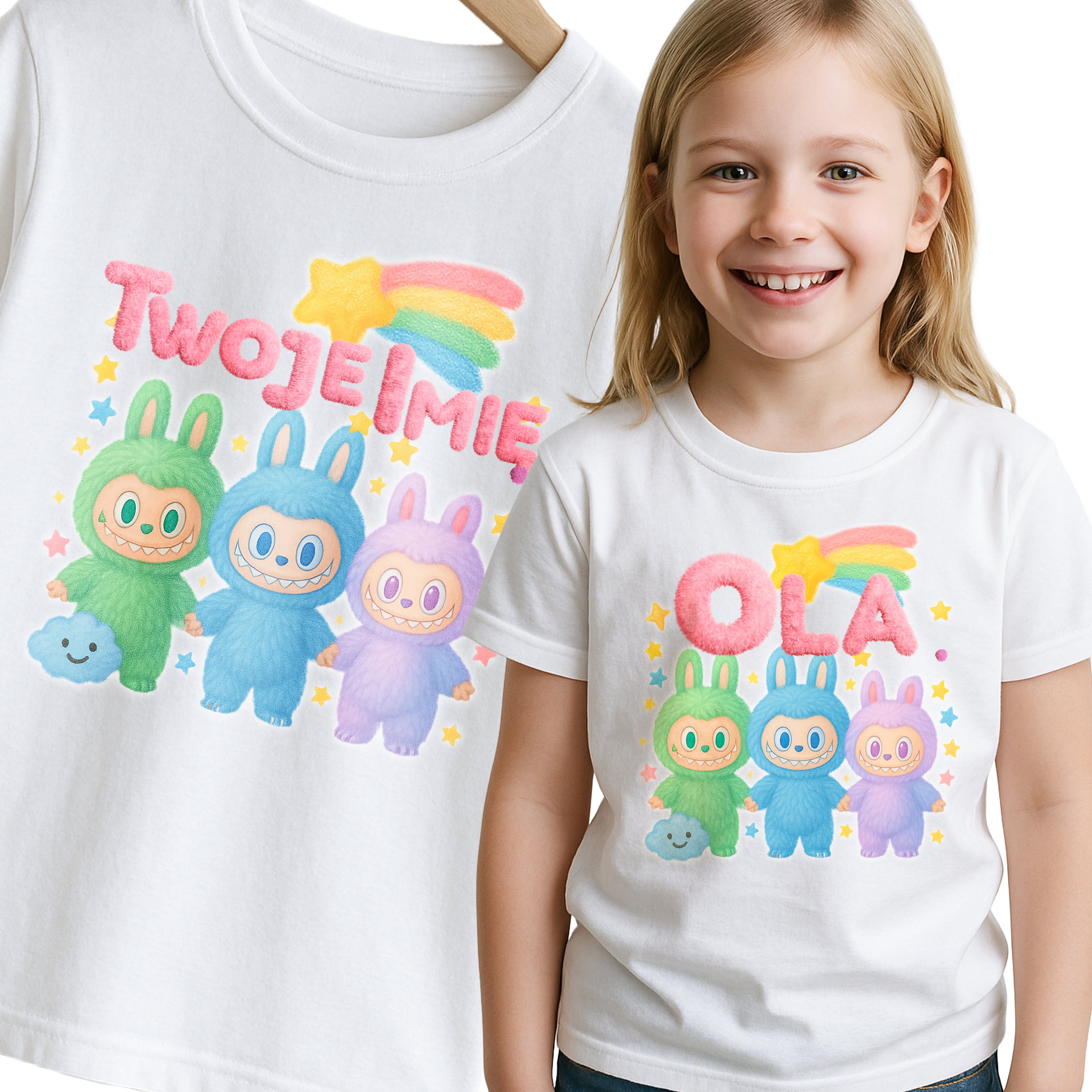 Labubu Laleczki T-Shirt Koszulka Dziecięca Słodki Motyw z Imieniem Maskotki Personalizowana E22