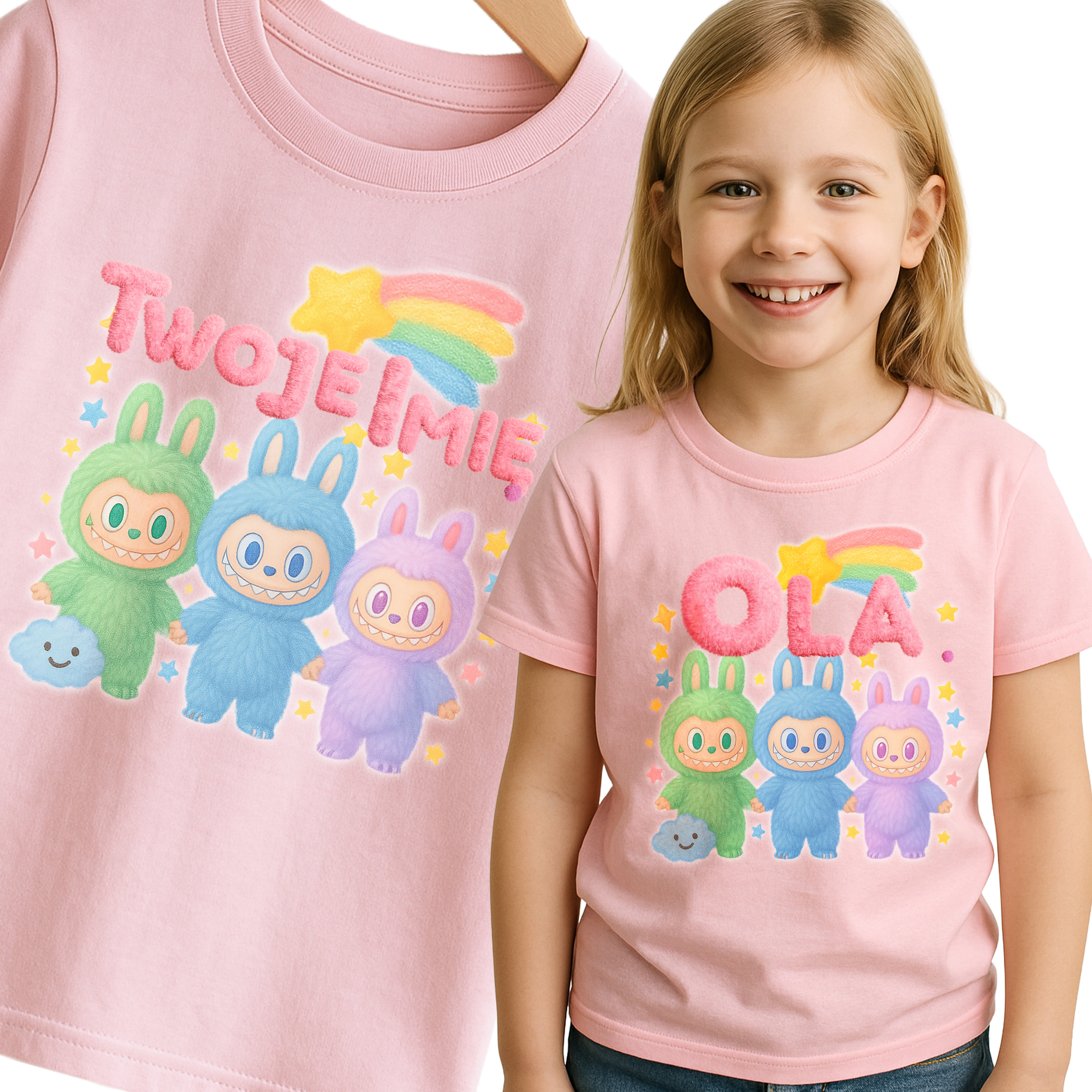 Labubu Laleczki T-Shirt Koszulka Dziecięca Słodki Motyw z Imieniem Maskotki Personalizowana E22 Główne zdjęcie produktu