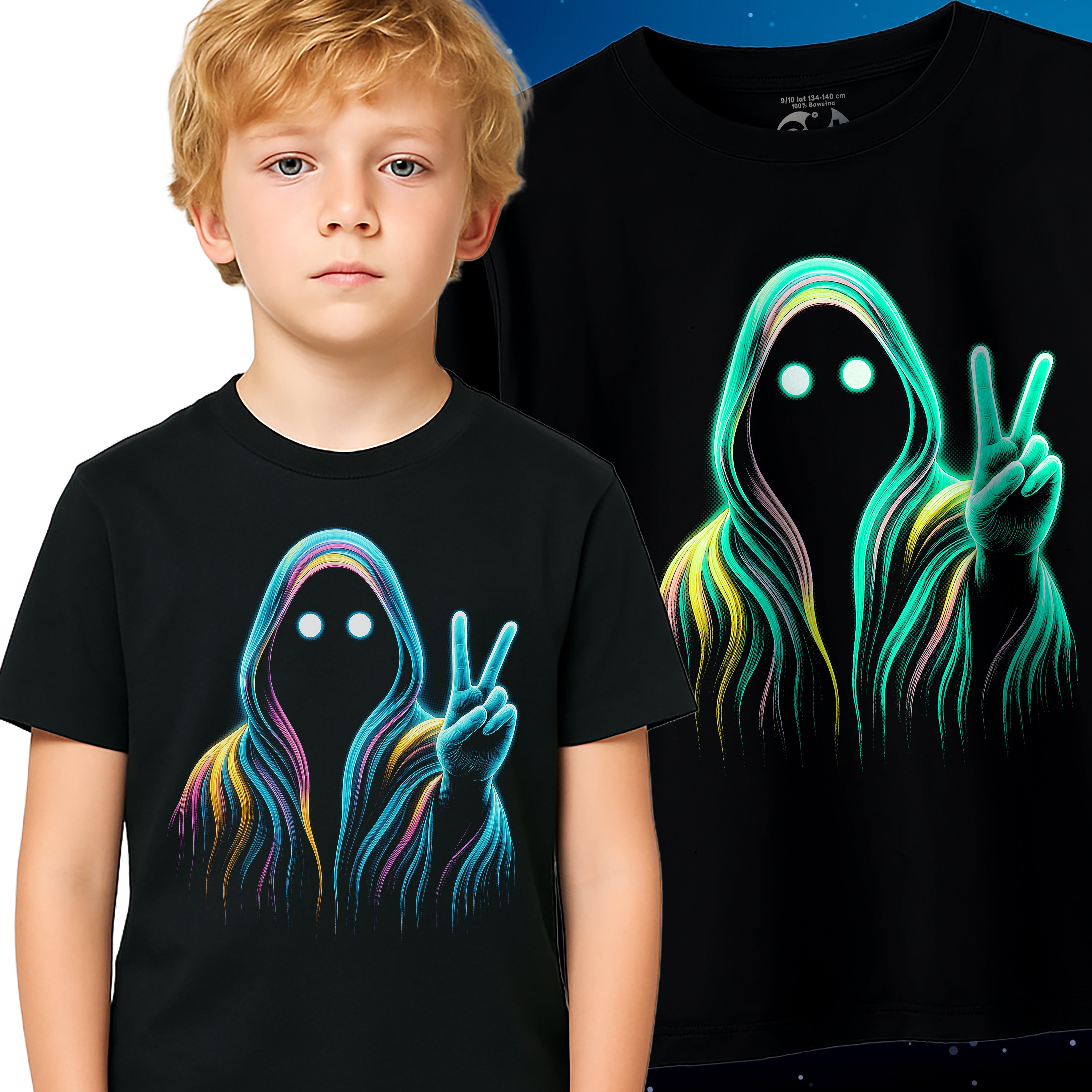 Koszulka Dziecięca Straszna Duch Świecąca Nocy na Halloween Imprezę -Bawełna Premium Główne zdjęcie produktu
