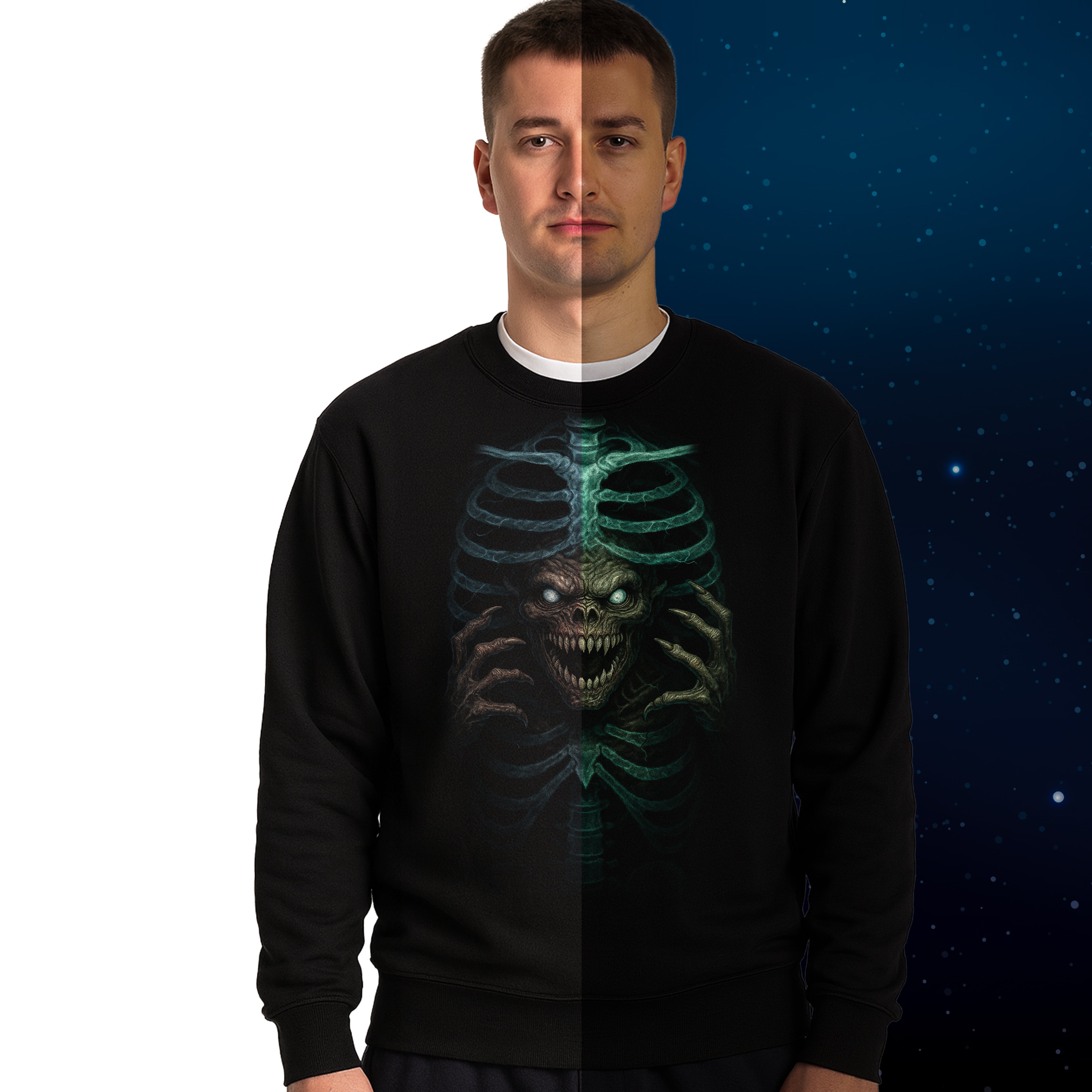 E35 Bluza Dla Dorosłych Dwustronna Straszna Duch Świecąca Nocy na Halloween Imprezę - Gruba Bawełna Premium Drugie zdjęcie produktu