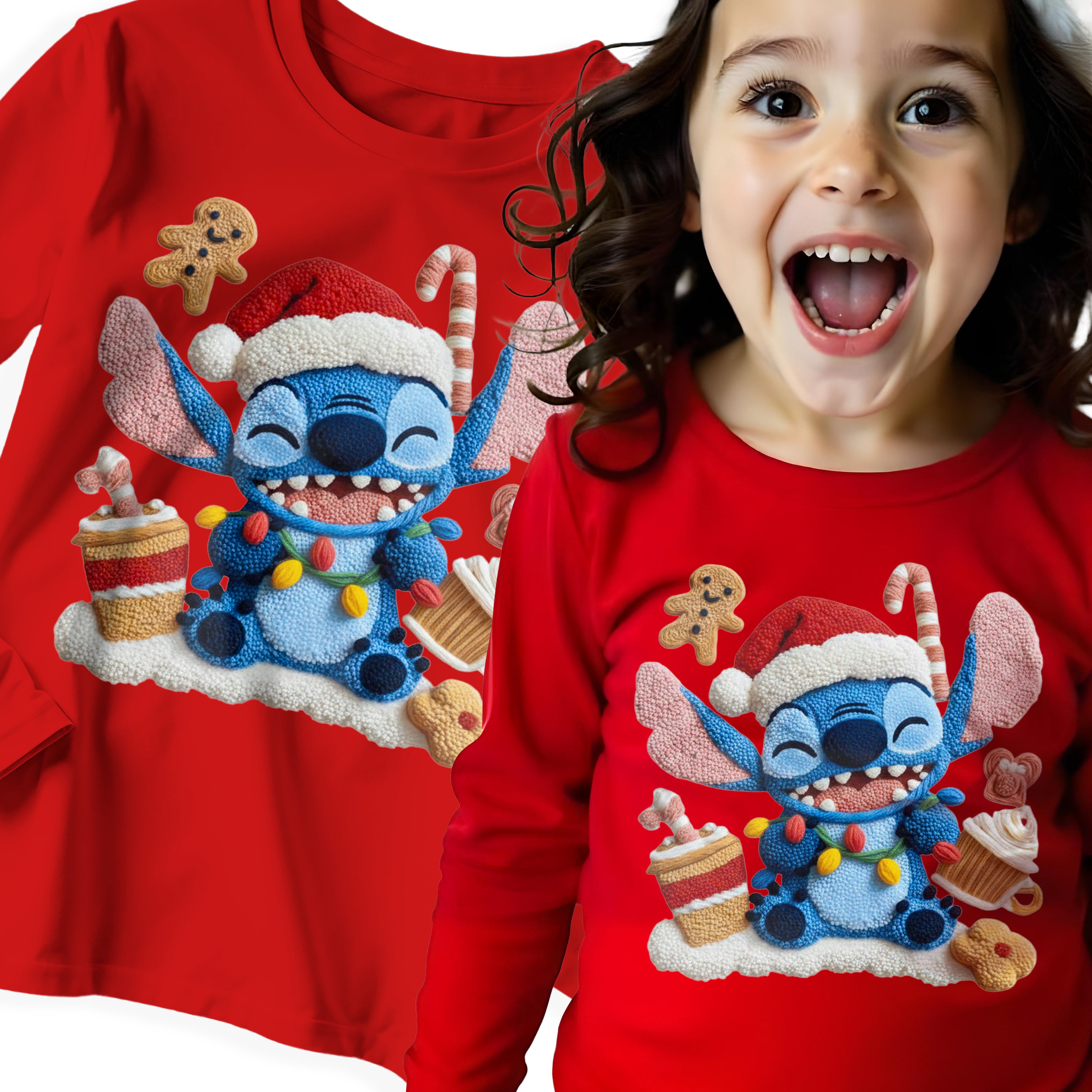 Koszulka Bluzka świąteczna z długim rękawem Stitch na święta Mikołajki Bawełniana Gruba E46 Główne zdjęcie produktu