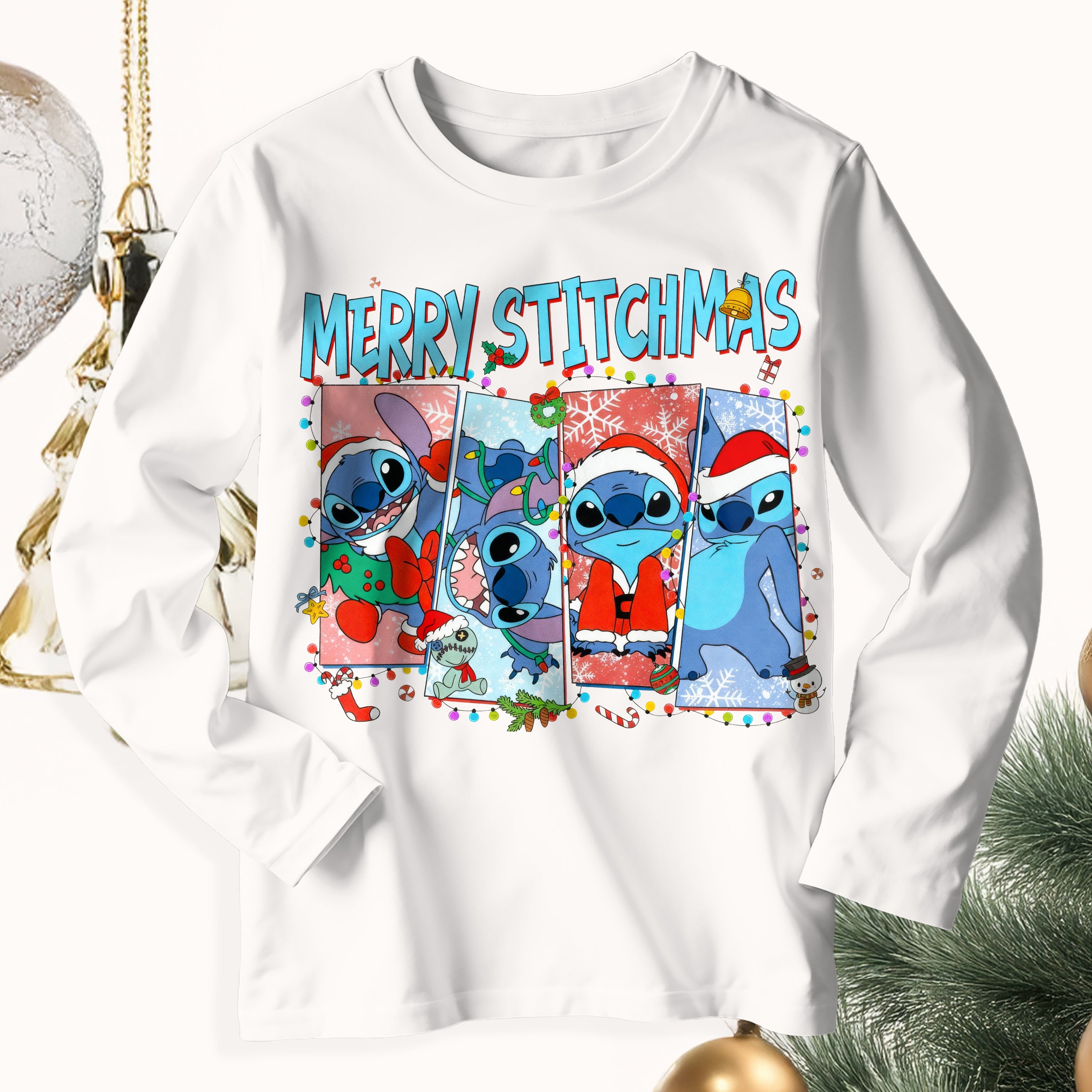 Koszulka Bluzka świąteczna z długim rękawem Stitch na święta Mikołajki Bawełniana Gruba E47