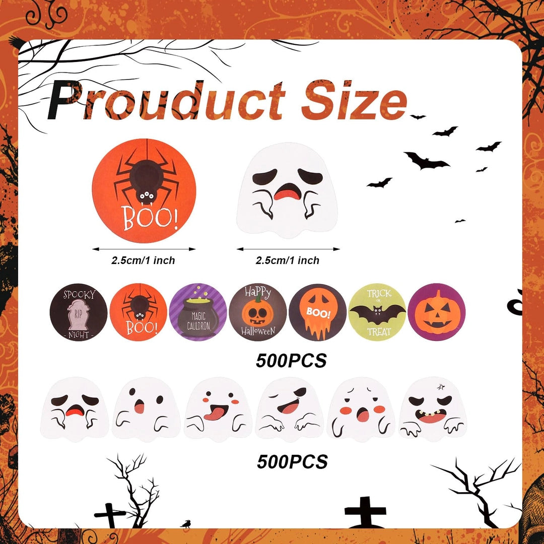 Naklejki Halloween 1000 szt. – 18 wzorów duchy dynie nietoperze BOO Drugie zdjęcie produktu