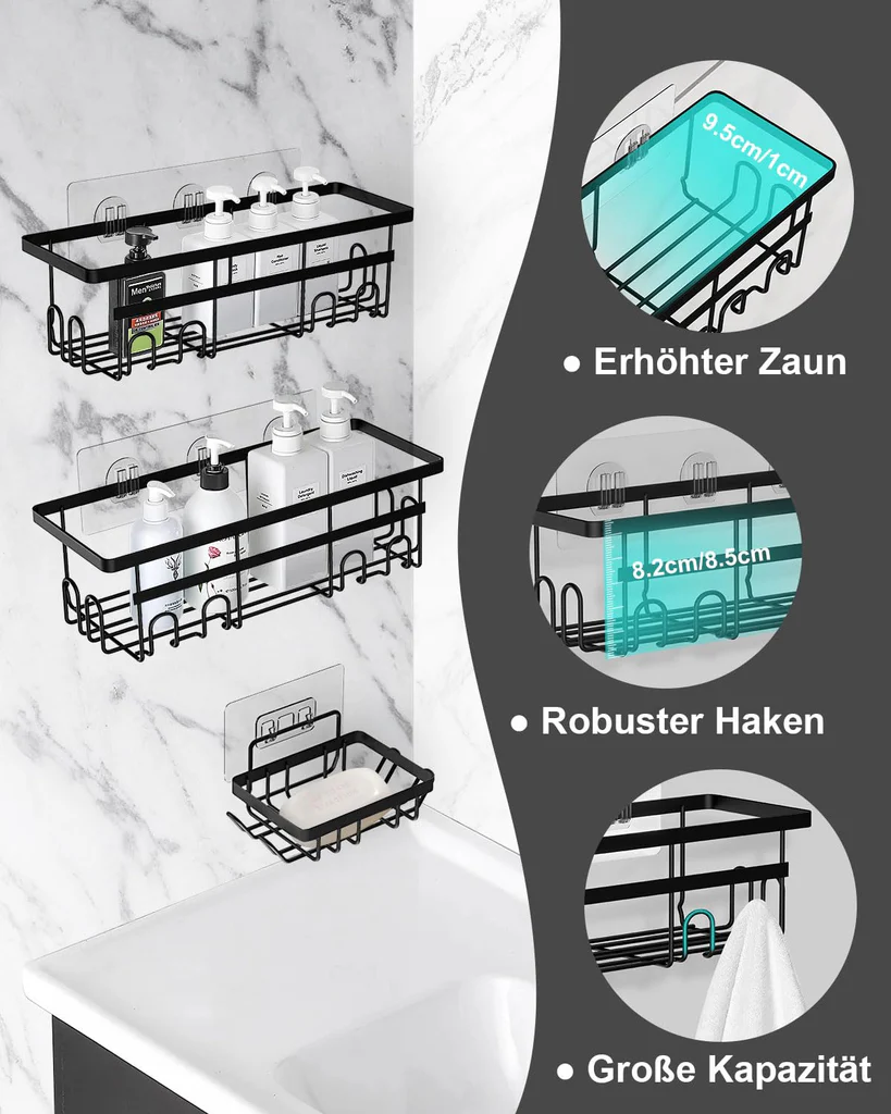Wisząca Półka Łazienkowa BEZ WIERCENIA przyklejana Pod Prysznic na Kosmetyki 2 SZTUKI CZARNA
