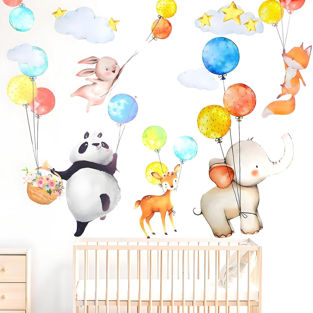 Naklejki na ścianę dla dzieci zwierzątka z balonami 80x39 cm do pokoju malucha