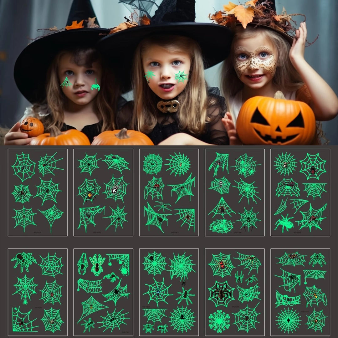 Tatuaże Halloween świecące w ciemności – 10 arkuszy, pajęczyny i pająki Główne zdjęcie produktu
