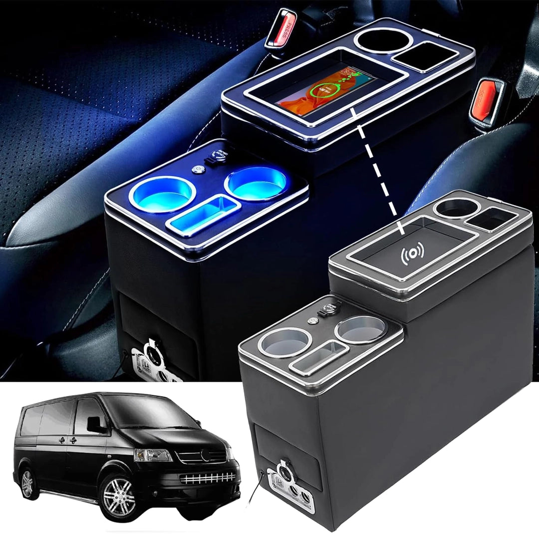 Konsola środkowa LED z ładowarką Qi, USB i uchwytami do vana 12V